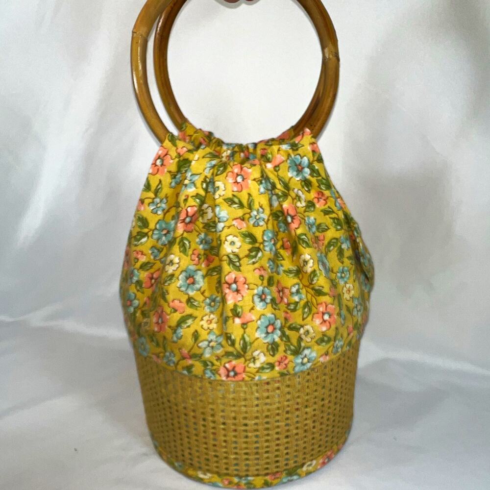Vintage Lynel Industries Wicker Bucket Bag Bamboo Handles Floral Sewing Basket